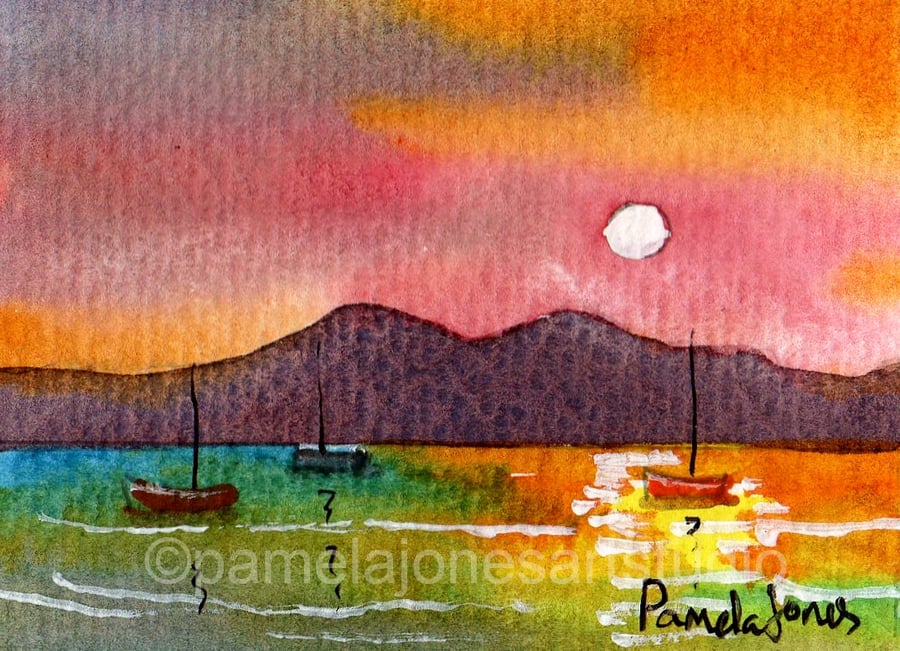 Sunset Aceo, Seascape Aceo, Boats Aceo, Original Watercolour, Size 3.5 x 2.5 " 