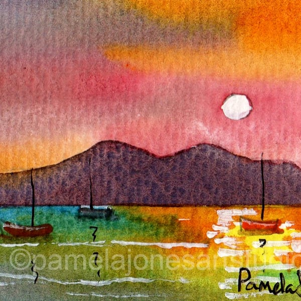 Sunset Aceo, Seascape Aceo, Boats Aceo, Original Watercolour, Size 3.5 x 2.5 " 