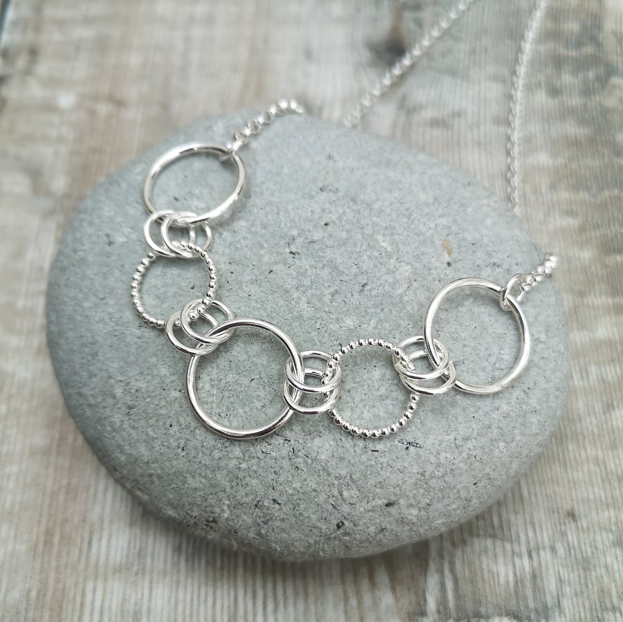 Sterling Silver Geometric Circle Chain Link Statement Necklace
