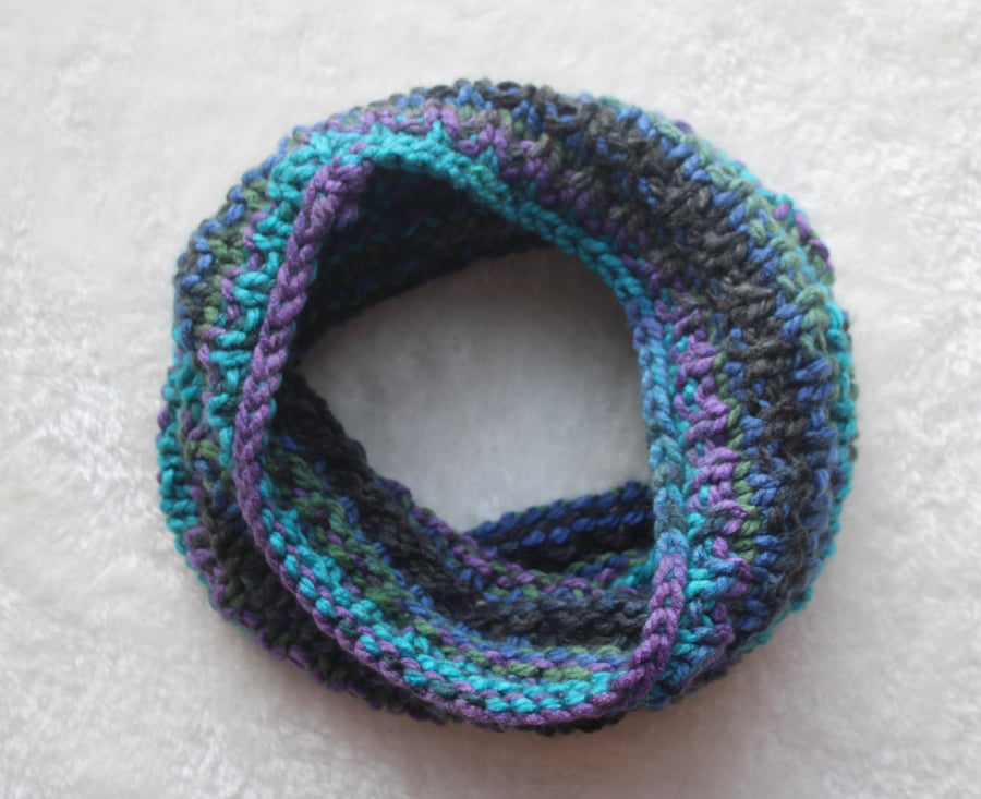 Chunky Knitted Winter Cowl, Unisex Neck Warmer, Blue Green Grey and Purple