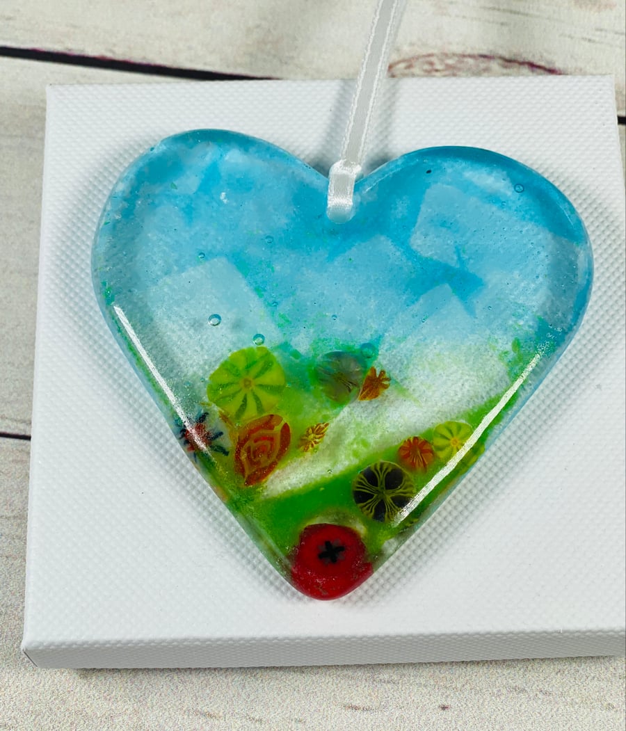 Fused glass hanging heart with murrine flowers