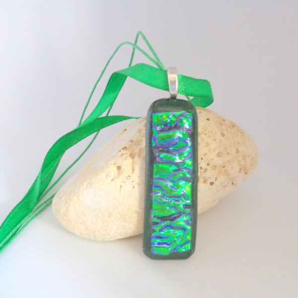 Dichroic glass pendant art Blue-emerald two