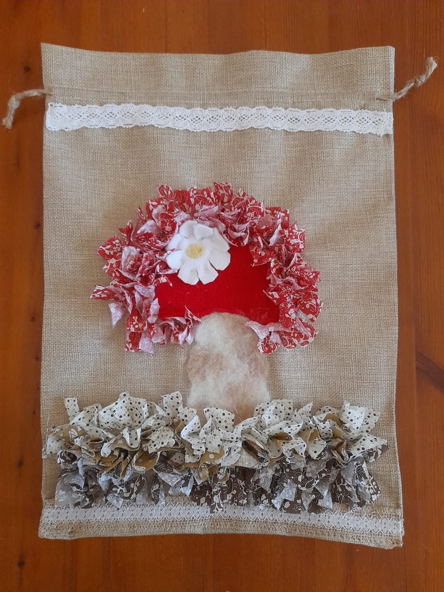 Rag Rug Drawstring Bag with Needle Felting Mushroom Design