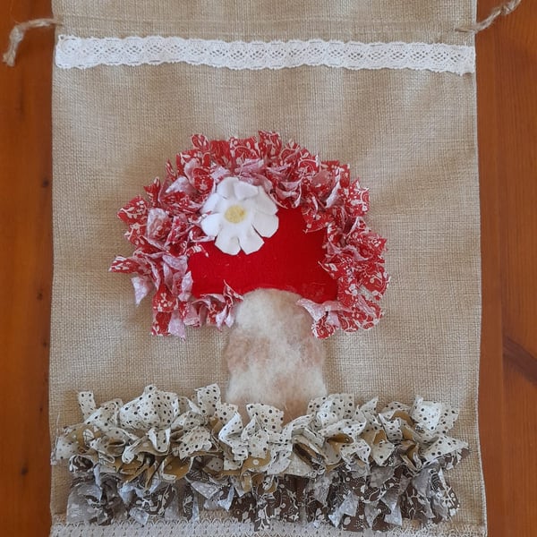 Rag Rug Drawstring Bag with Needle Felting Mushroom Design