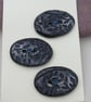 3 Medium Oval Coal Black Leaf Pattern Ceramic Buttons - Image 1