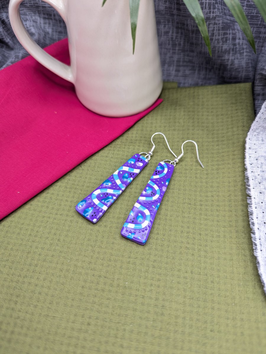 purple with blue waves, slim polymer clay earri... - Folksy