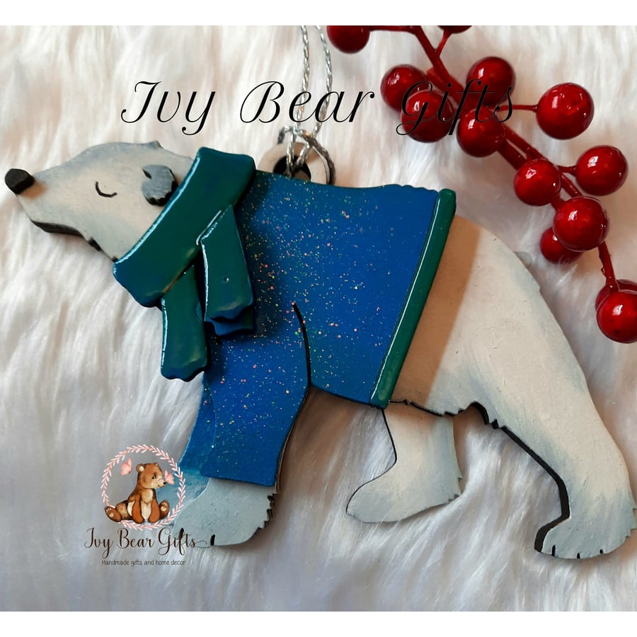 Polar bear in jumper Christmas tree decoration