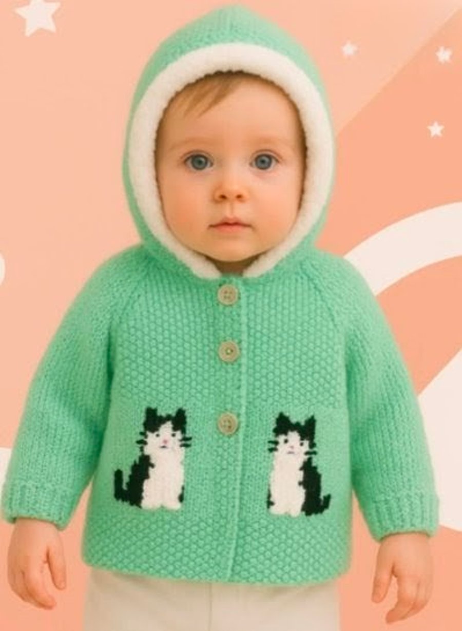 Knitting Pattern for Child's Cat Hoodie Birth to 8 years, Front Fastening PDF