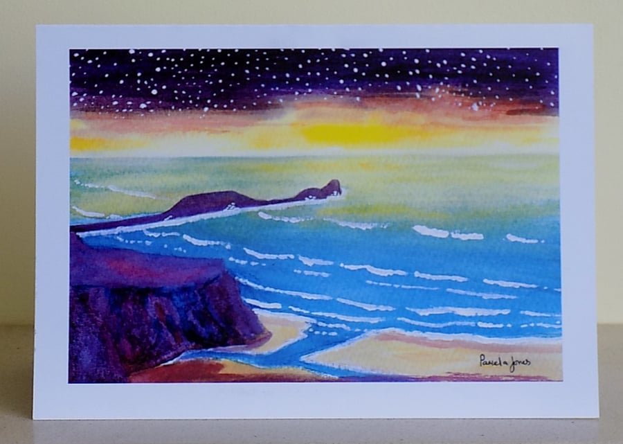 Starry Sky, Worms Head, Rhossili Bay, Gower, Art Greeting Card, A5, Blank inside