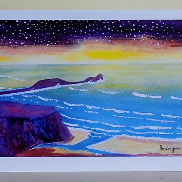 Starry Sky, Worms Head, Rhossili Bay, Gower, Art Greeting Card, A5, Blank inside