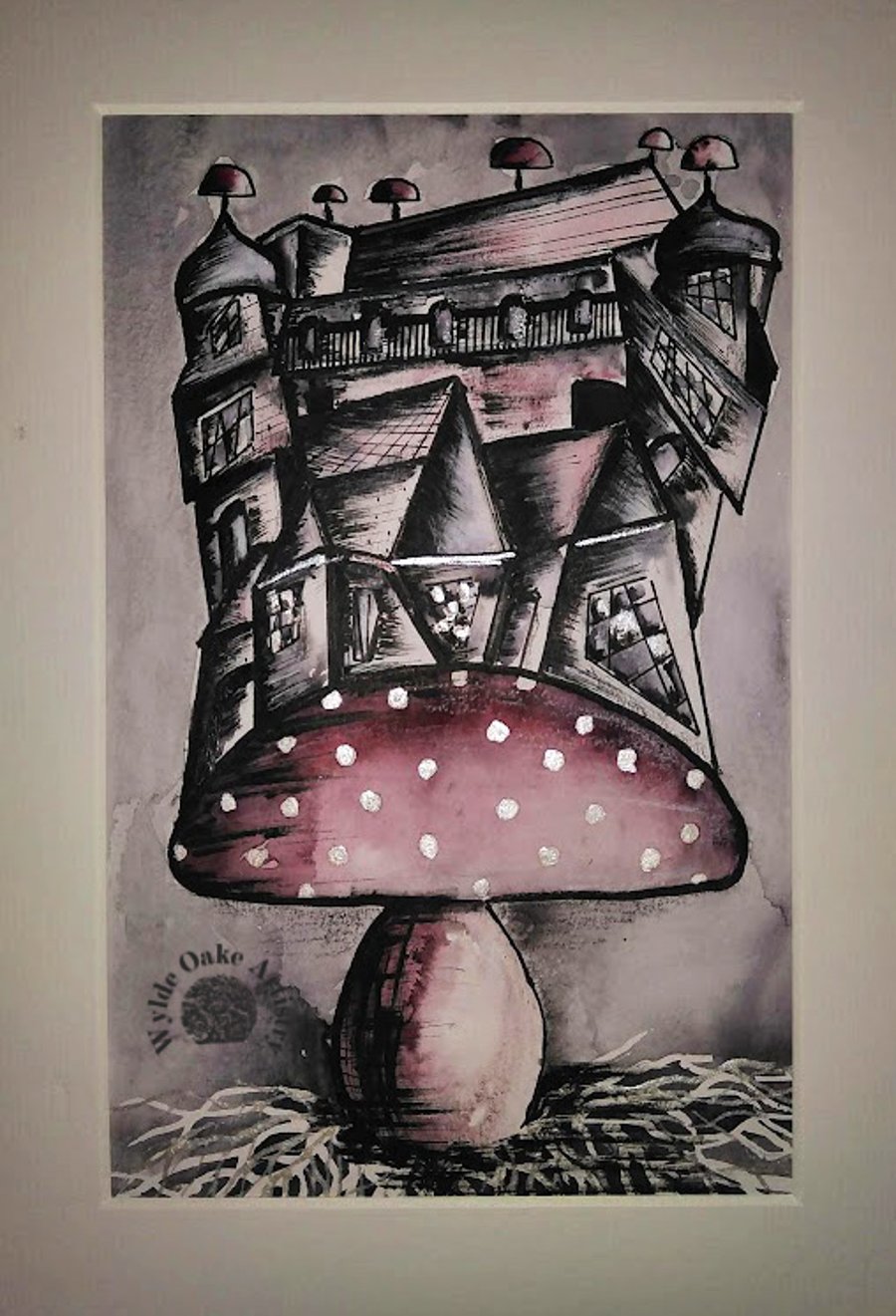 The Pink Toadstool Kingdom - A4 original pen and watercolour art