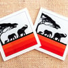 Glass Elephant Family coaster silhouettes orange stripes African safari animals