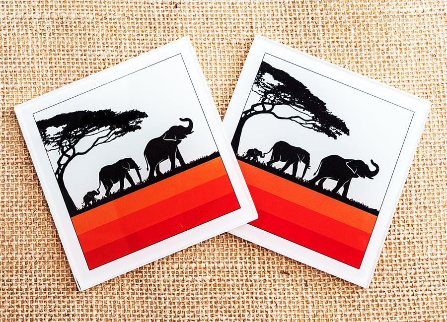 Glass Elephant Family coaster silhouettes orange stripes African safari animals