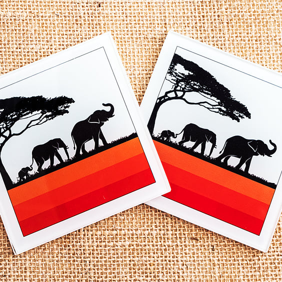 Glass Elephant Family coaster silhouettes orange stripes African safari animals