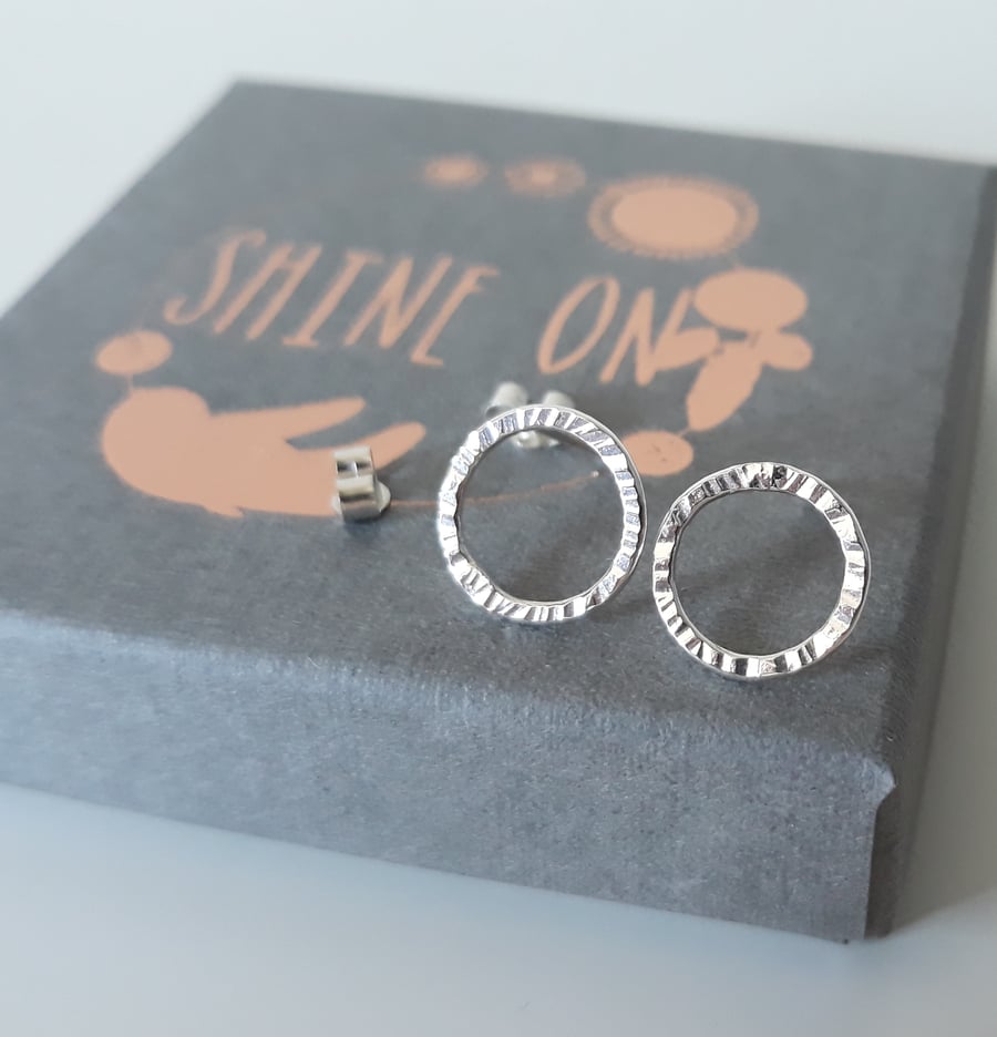 Dainty Textured Circle Stud Earrings in Sterling Silver 