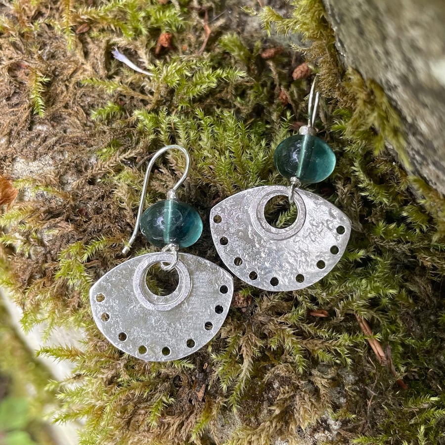 Silver drop earrings with  blue green fluorite beads