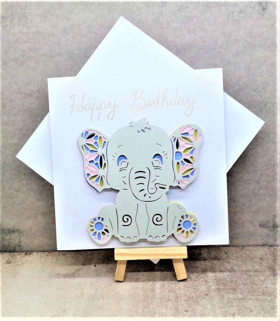 Charming layered baby elephant Happy Birthday card