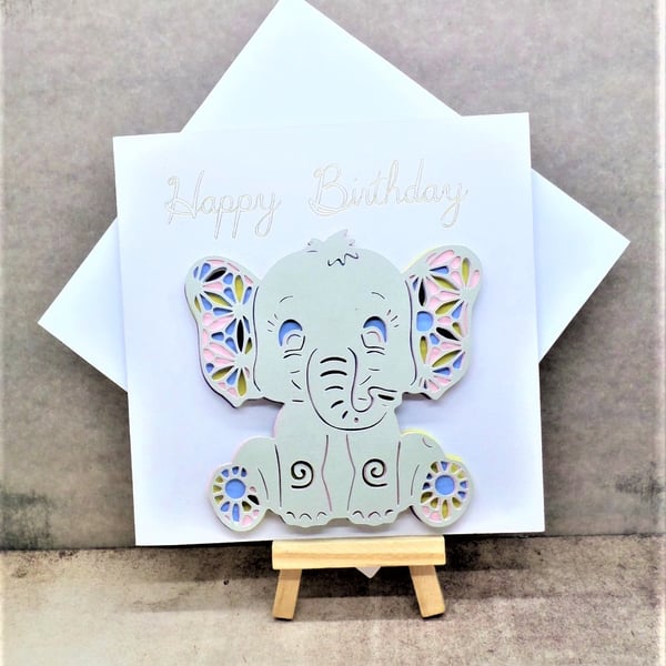 Charming layered baby elephant Happy Birthday card