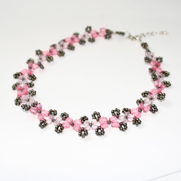 Pink and grey beadwork choker