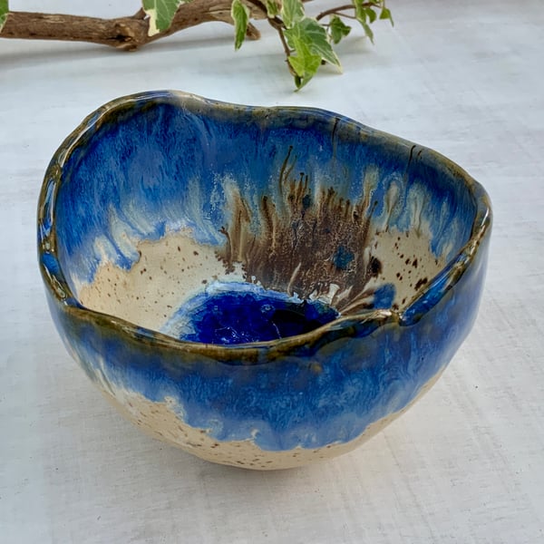 Decorative Pinch Pot with winter wood, midnight rain glaze & glass
