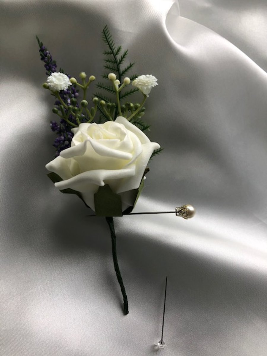  Ivory Rose & Lilac Spray Wedding Boutonniere Butttonhole - Pin Included!