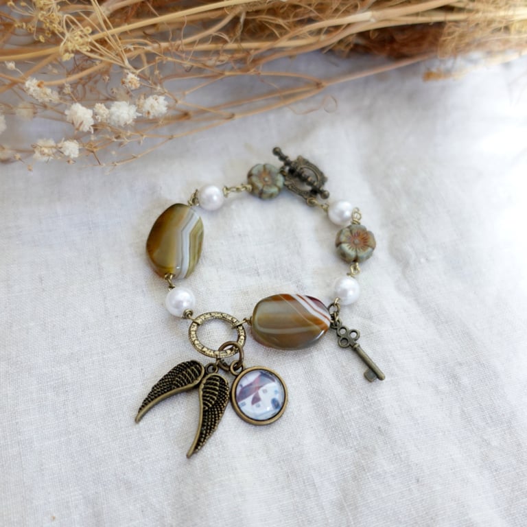 Boho Style Bracelet with Agate Beads, Faux Pearls and Naive Art Charm 