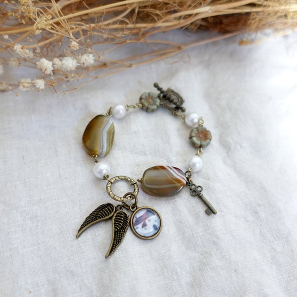 Boho Style Bracelet with Agate Beads, Faux Pearls and Naive Art Charm 