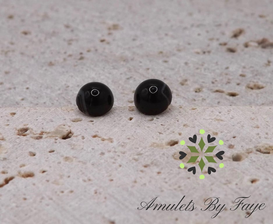 Black Banded Agate 6mm Gemstones, Sterling Silver Earrings. Side White Bands.