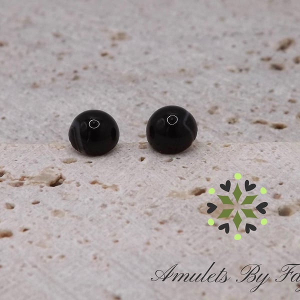Black Banded Agate 6mm Gemstones, Sterling Silver Earrings. Side White Bands.