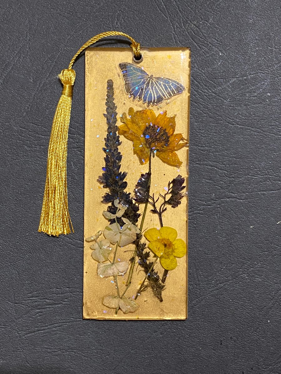 Large Handmade Resin Pressed Flower Bookmark With Gold Background