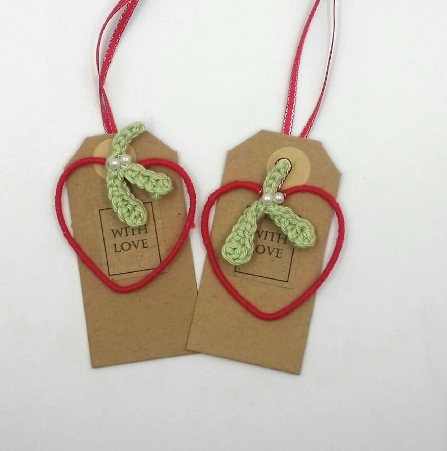 Two Heart Tags Keepsake Decorations with Crochet Mistletoe 