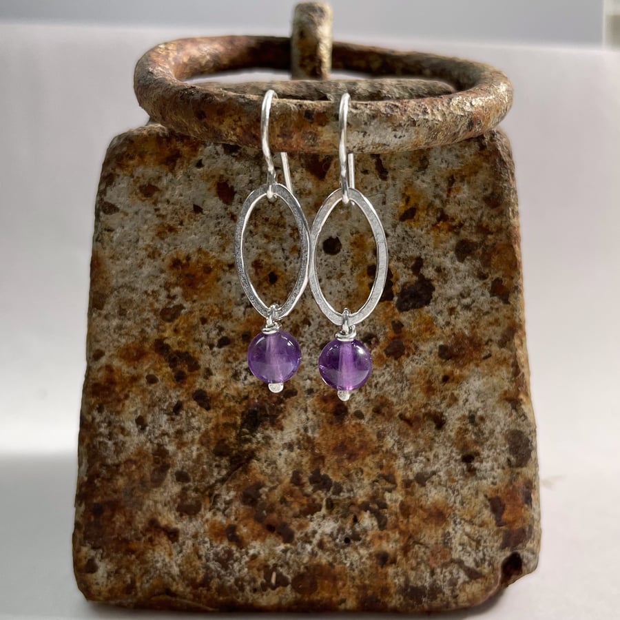 Sterling silver oval drop earrings with amethyst