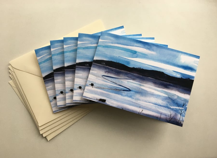 Pack of five printed greetings cards Frozen Lake