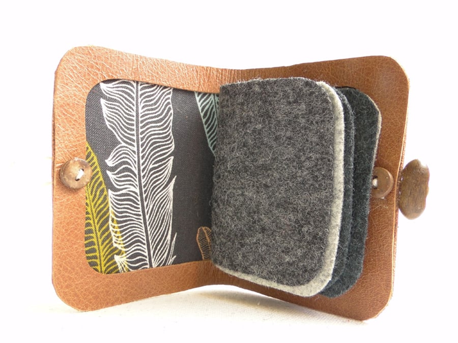 Needle Case - Brown Leather - Feather Fabric - Needle Book - Sewing Gift