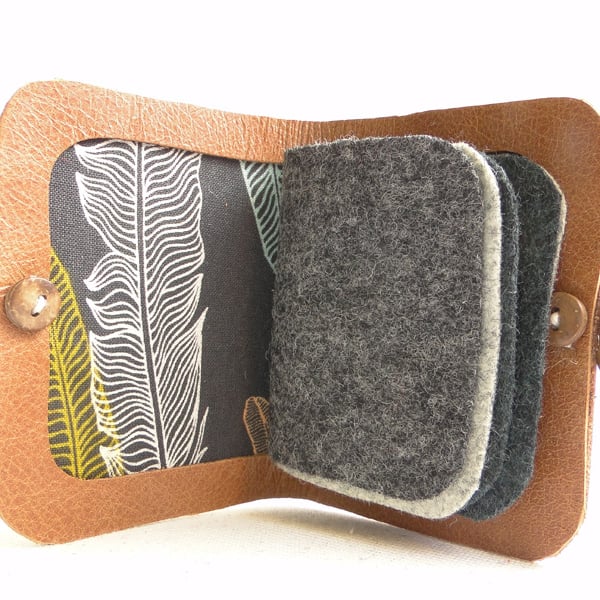 Needle Case - Brown Leather - Feather Fabric - Needle Book - Sewing Gift