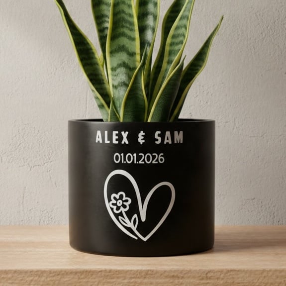 Personalised Black Plant Pot with Floral Heart 