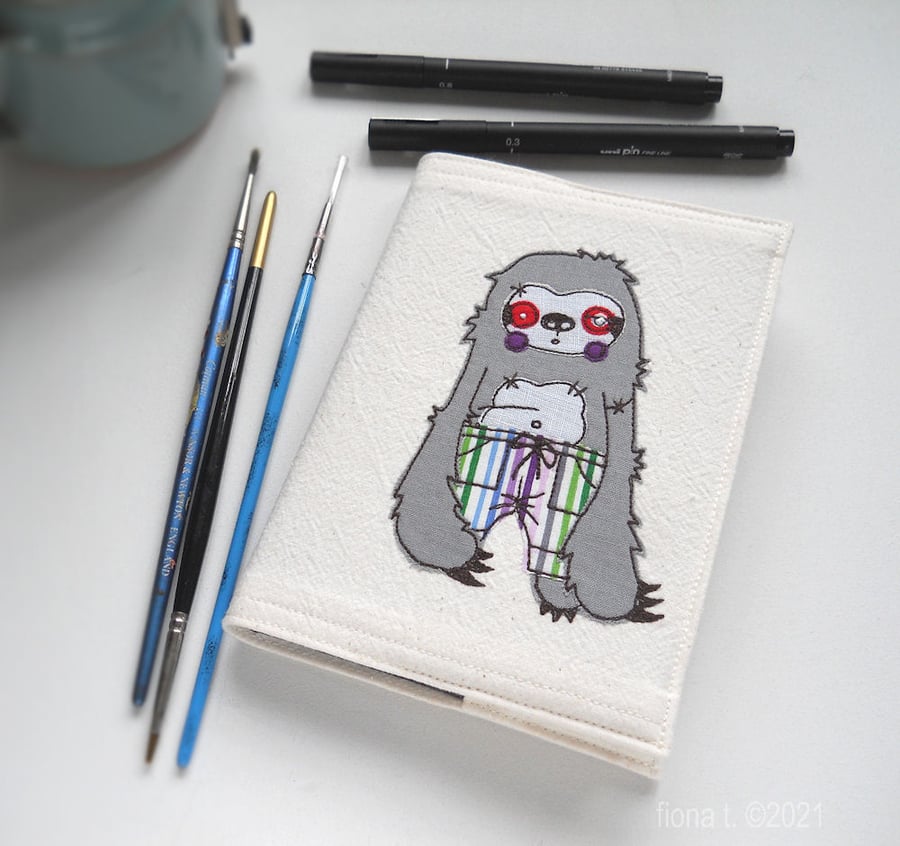 freehand embroidered zombie sloth notebook cover A6 sketchbook purple