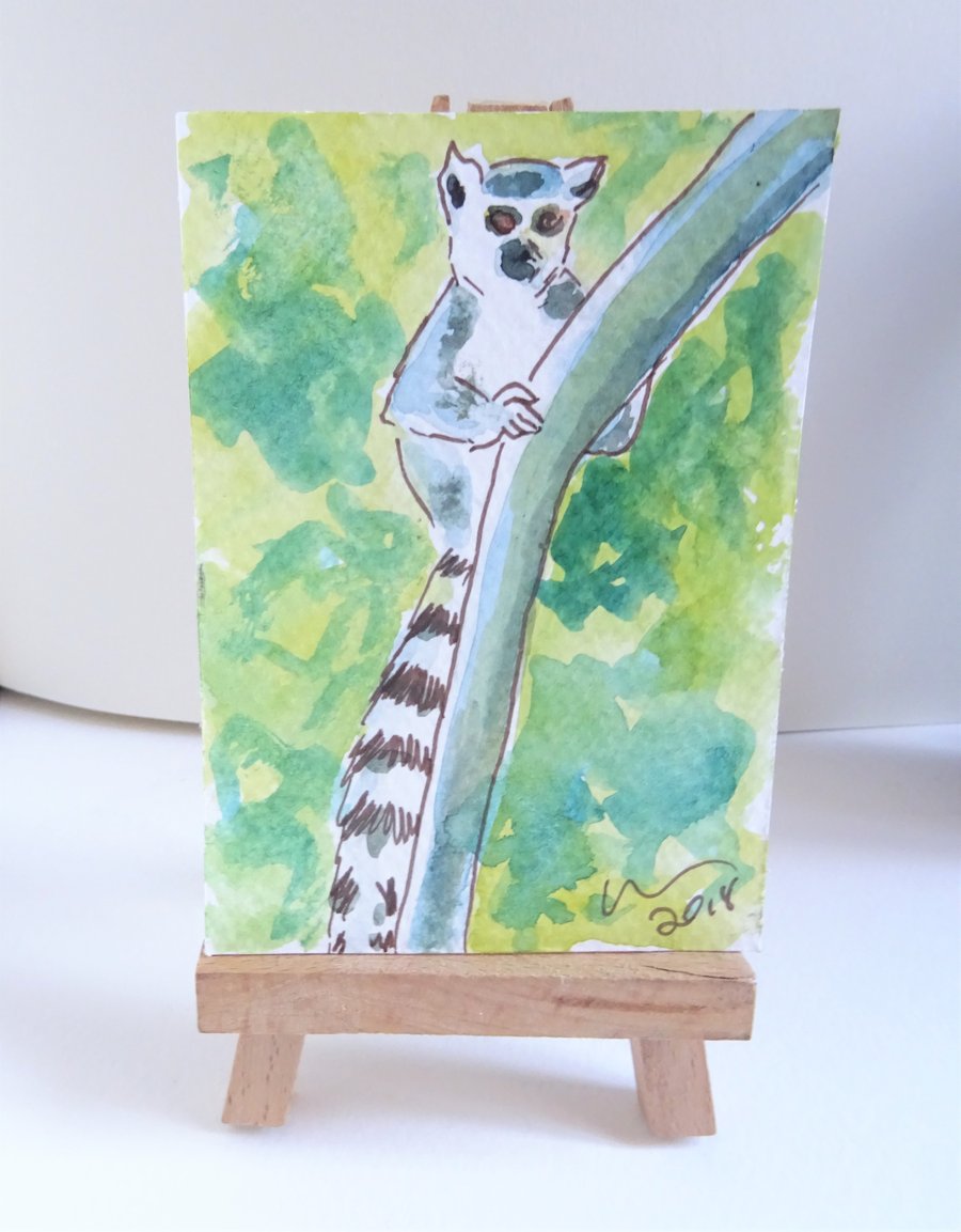 ACEO Animal Art Lemur Climb Original Watercolour and Ink Painting OOAK Monkey