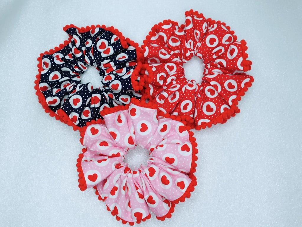 Love Hearts Scrunchies, PomPom Trim Scrunchies Large Size