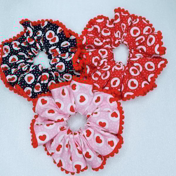 Love Hearts Scrunchies, PomPom Trim Scrunchies Large Size