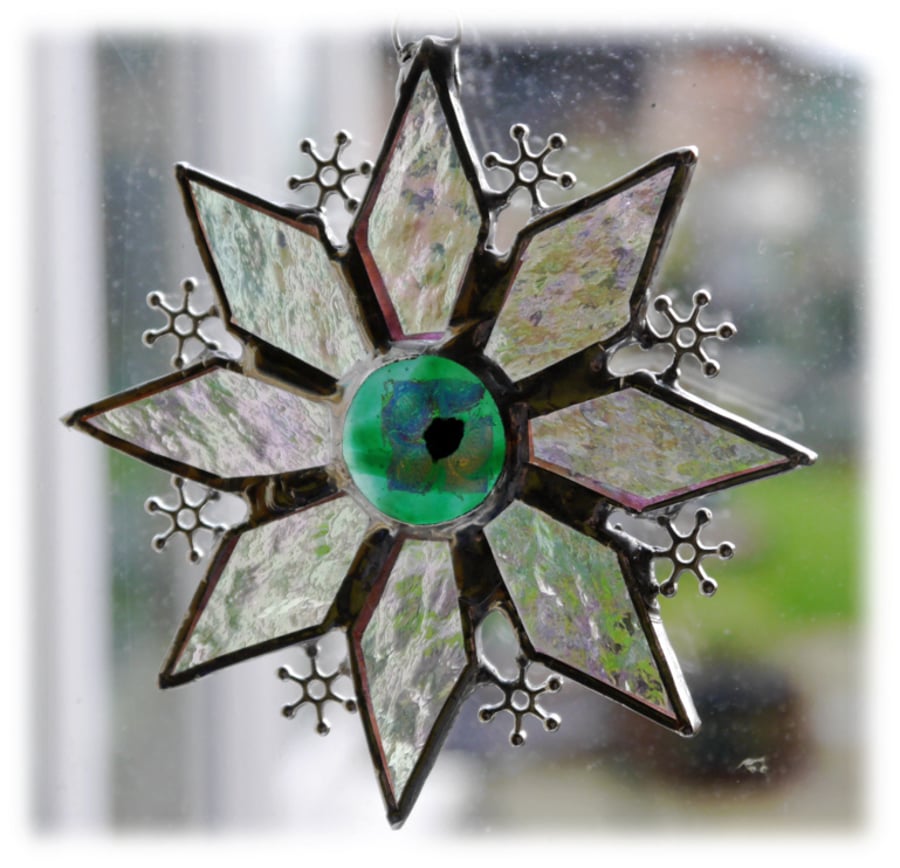 Sparkly Star Suncatcher Stained Glass Snowflake Jade Green Handmade 9.5cm 077