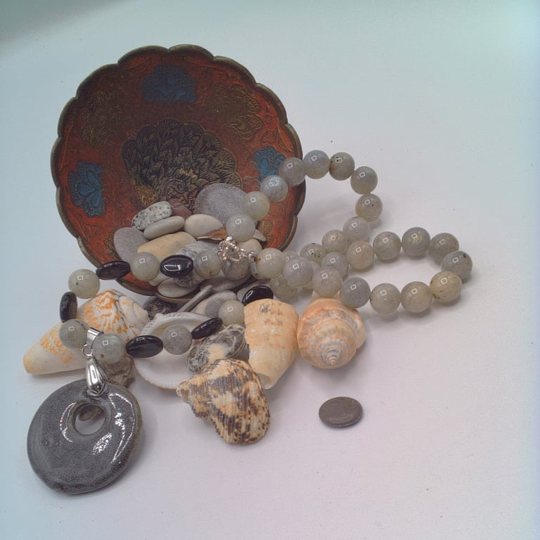 Charcoal Grey Agate Donut Pendant on an Agate Bead Necklace, Gift for Her