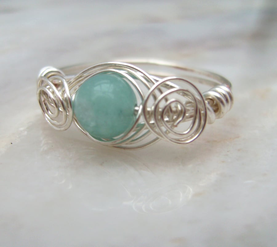 Wire Wrapped Ring with Amazonite & Silver Plated Wire