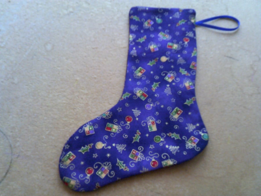 Purple with Parcels and squiggly trees 7.5 inch stocking