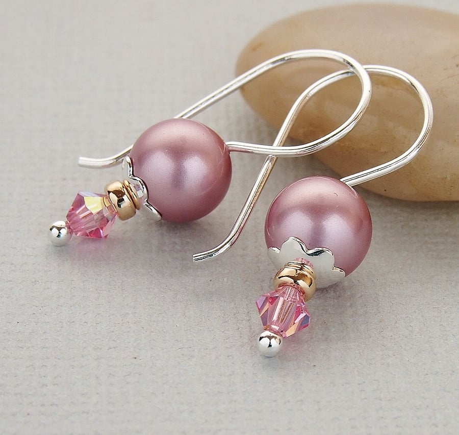 Pink Pearl Earrings - Sterling Silver - Gold