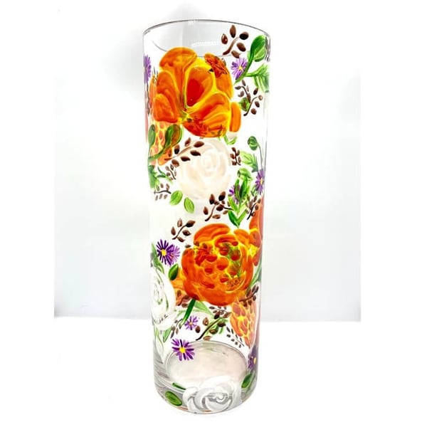 October Birth Flower Vase, Hand Painted Marigold Vase. Hand Painted Glass Vase