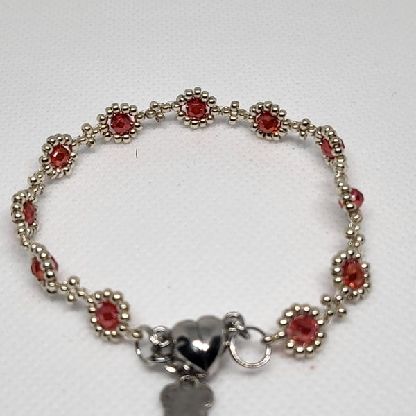 Red Crystal Bracelet Miyuki Beads Magnetic Heart Clasp Handmade Jewellery