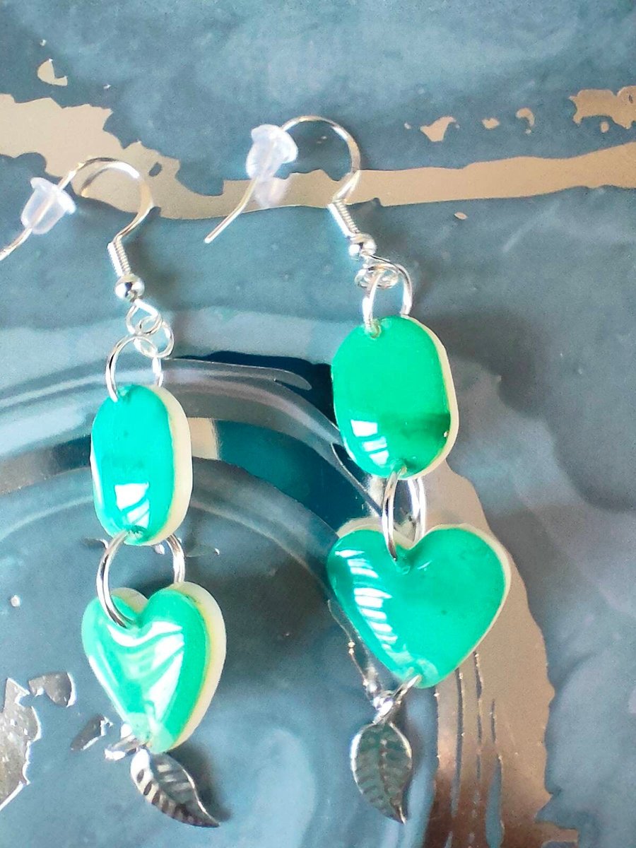 Green Drop Earrings With Leaf Charm