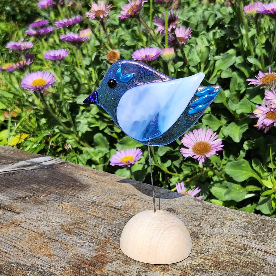 Fused Glass Fantasy Bird Standing on a Wooden Half Sphere