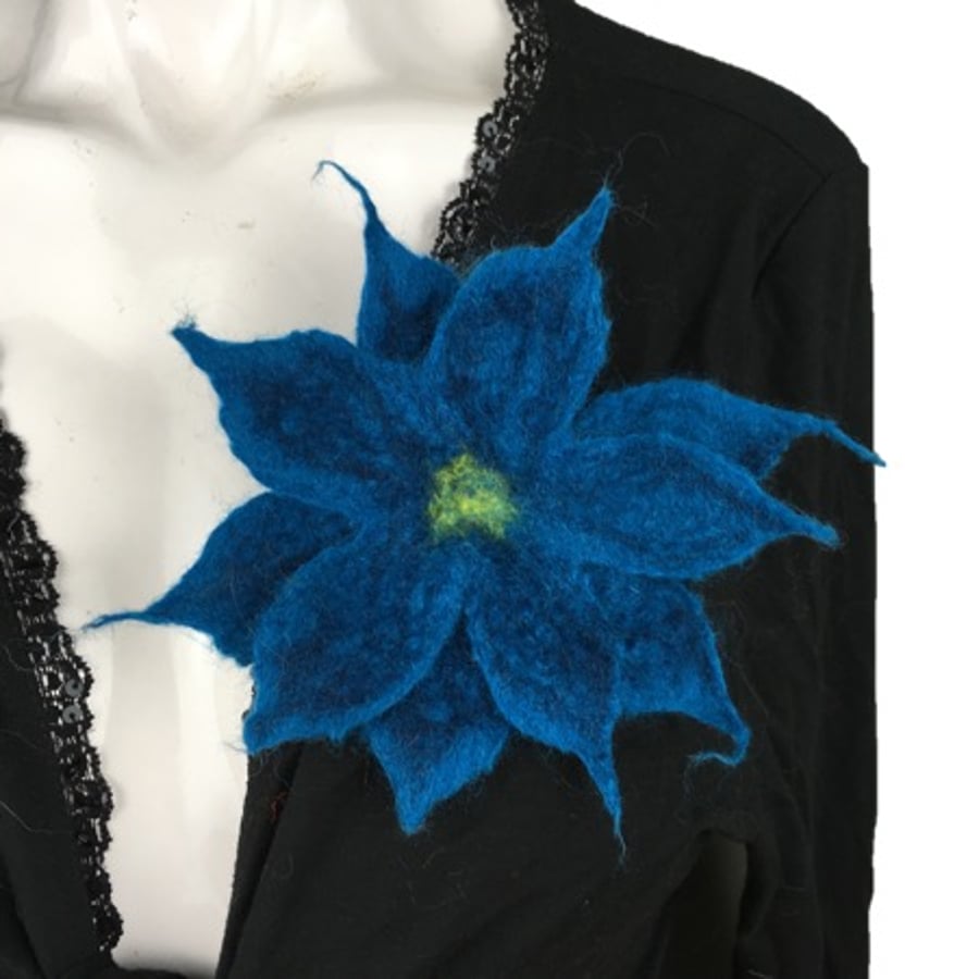 Corsage, brooch, wet felted merino wool flower in dark blue, lapel pin